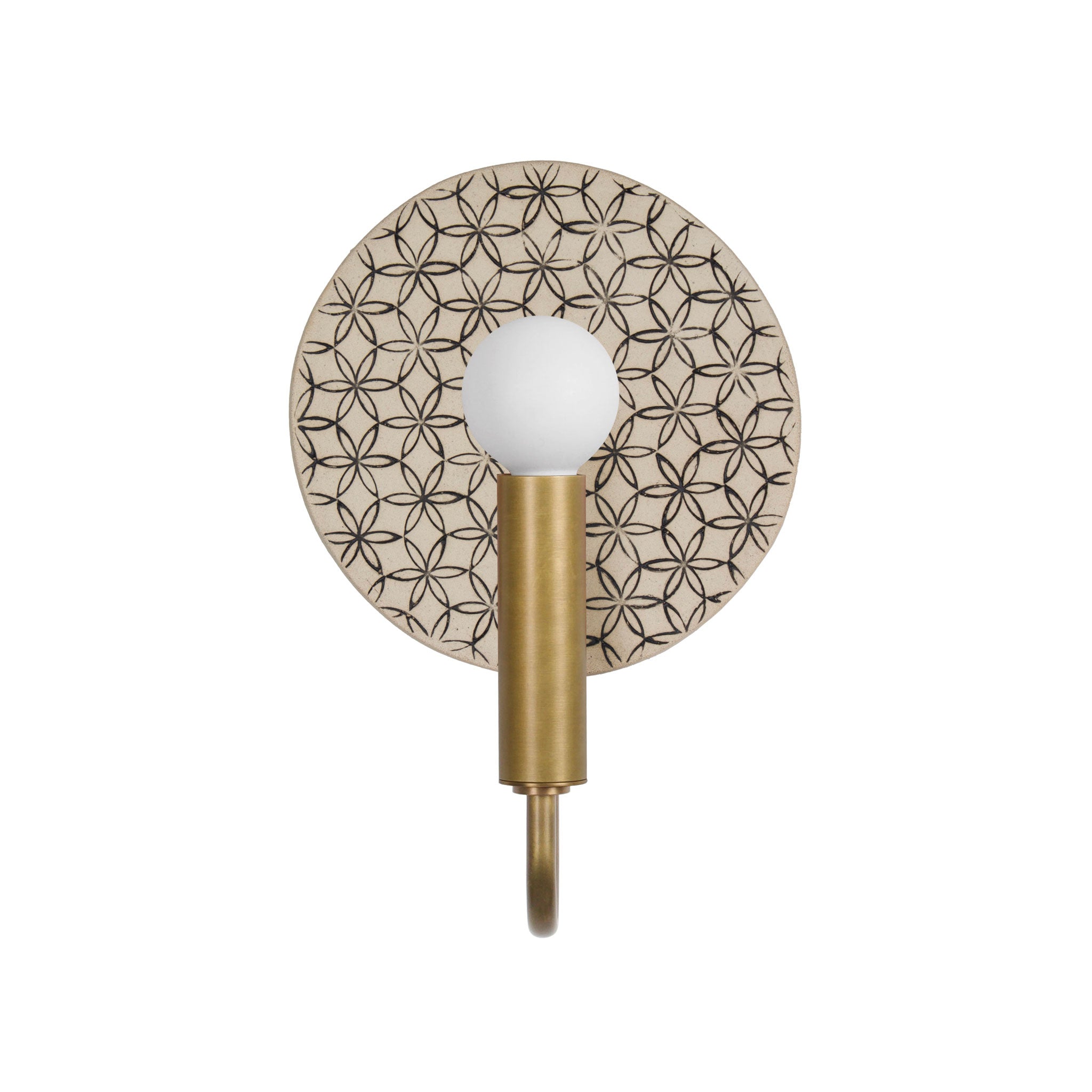 Edith ADA Sconce shown in Heirloom Brass with Black and Cream Quilted Ceramic