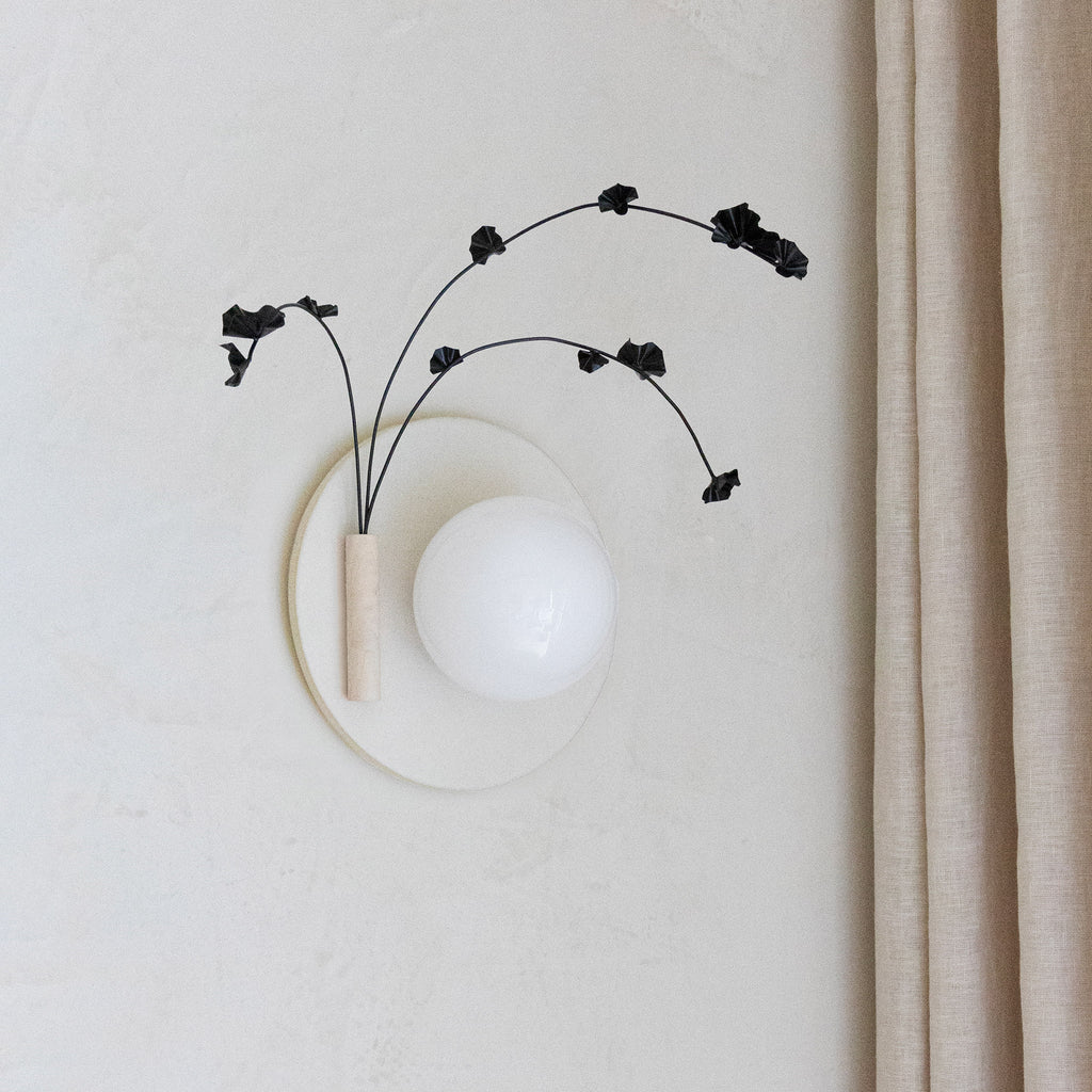 Ikebana Sconce shown in Natural White Glaze with Graphite Patina flower finish and Left mounted vase.