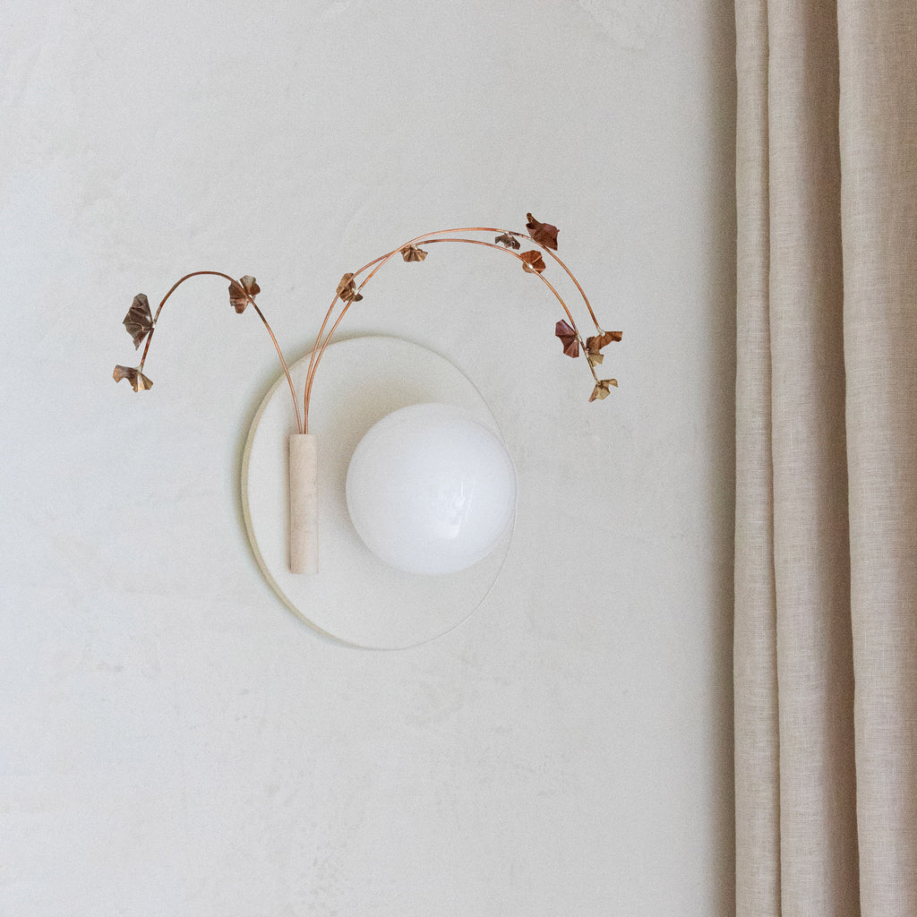 Ikebana Sconce shown in Natural White Glaze with Copper flower finish and Left mounted vase.