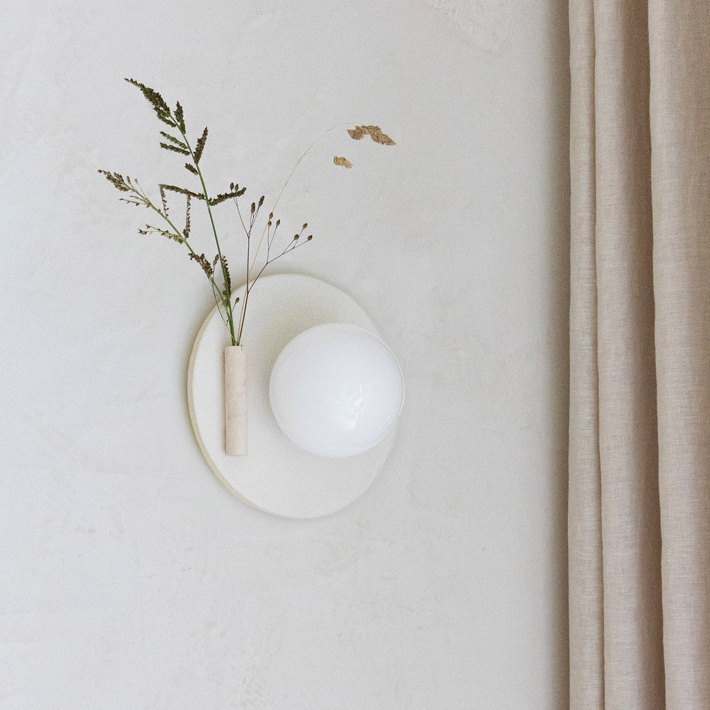 Ikebana Sconce shown in Natural White Glaze with Left mounted vase.