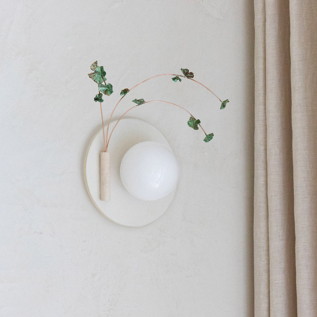 Ikebana Sconce shown in Natural White Glaze with Verdigris flower finish and Left mounted vase.