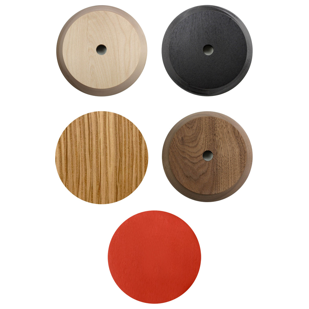 Wood Finishes Sample Set shown in Maple, Black Stained wood, Oak, Walnut, Persimmon.