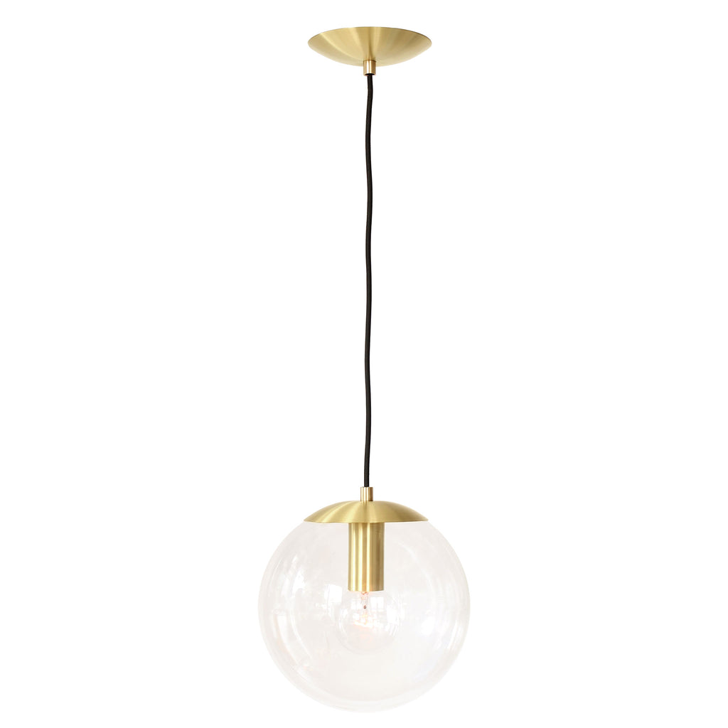 Alto Cord 10" Pendant shown in Brass with a Clear 10" globe and Black Cloth cord.