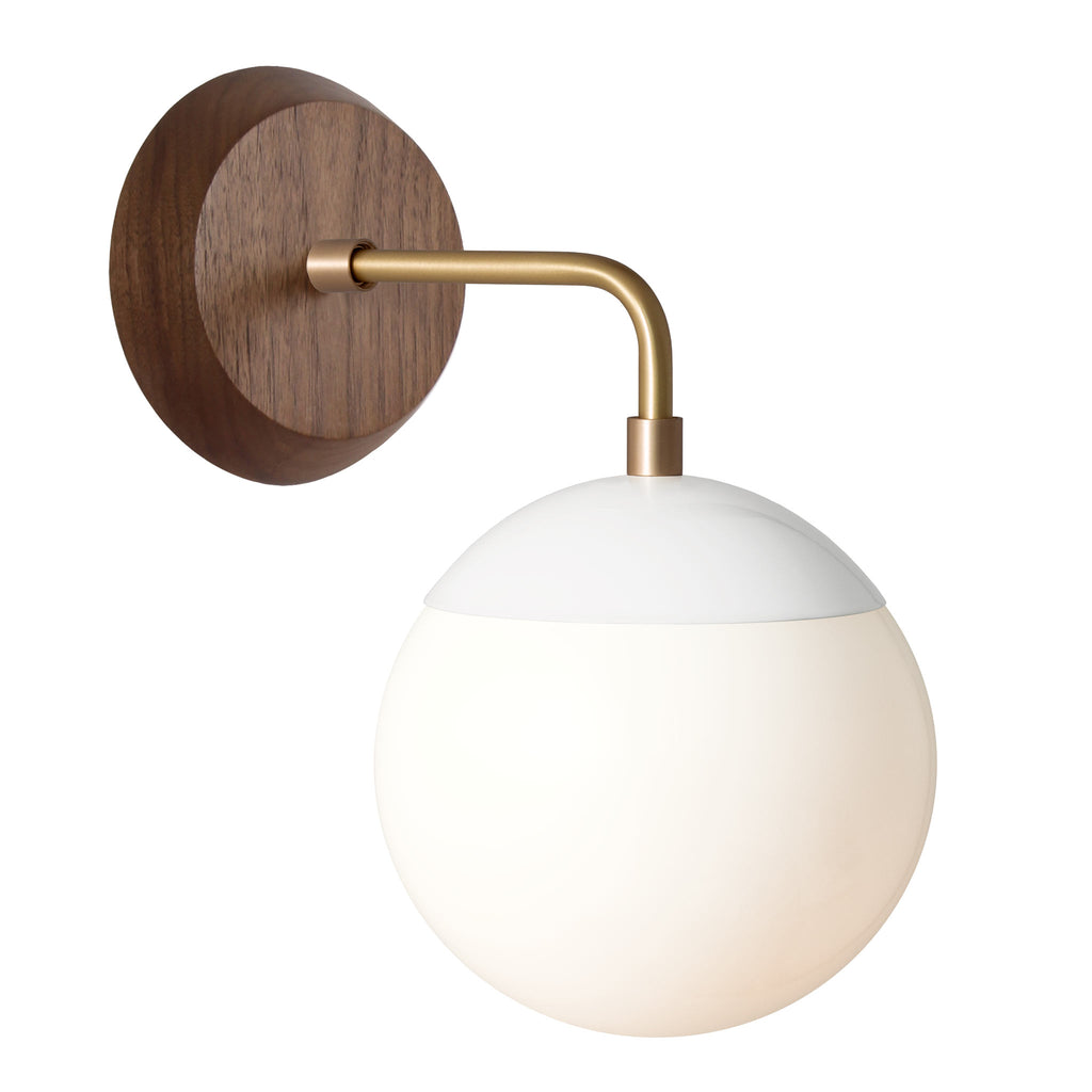 Alto Sconce 6" with Wood Canopy shown in White with Brass and Walnut canopy with an Opal 6" globe.