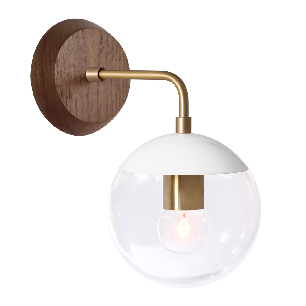Alto Sconce 6" with Wood Canopy shown in White with Brass and Walnut canopy with a Clear 6" globe.