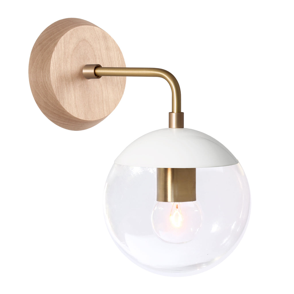 Alto Sconce 6" with Wood Canopy shown in White with Brass and Maple canopy with a Clear 6" globe.