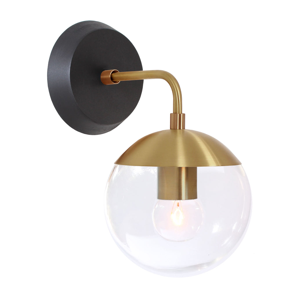 Alto Sconce 6" with Wood Canopy shown in Brass and Black Stained wood finish canopy with a Clear 6" globe.