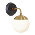 Alto Sconce 6" with Wood Canopy shown in Brass and Black Stained wood finish canopy with an Opal 6" globe