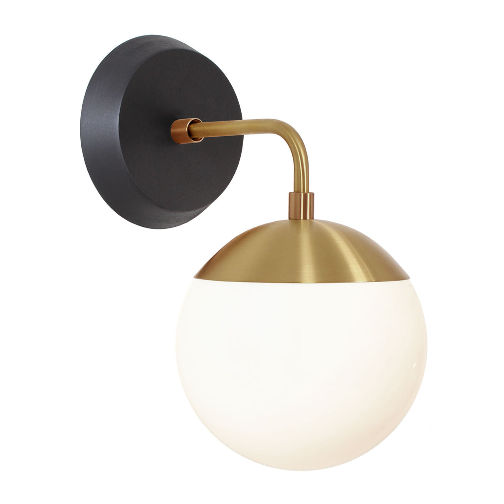 Alto Sconce 6" with Wood Canopy shown in Brass and Black Stained wood finish canopy with an Opal 6" globe.