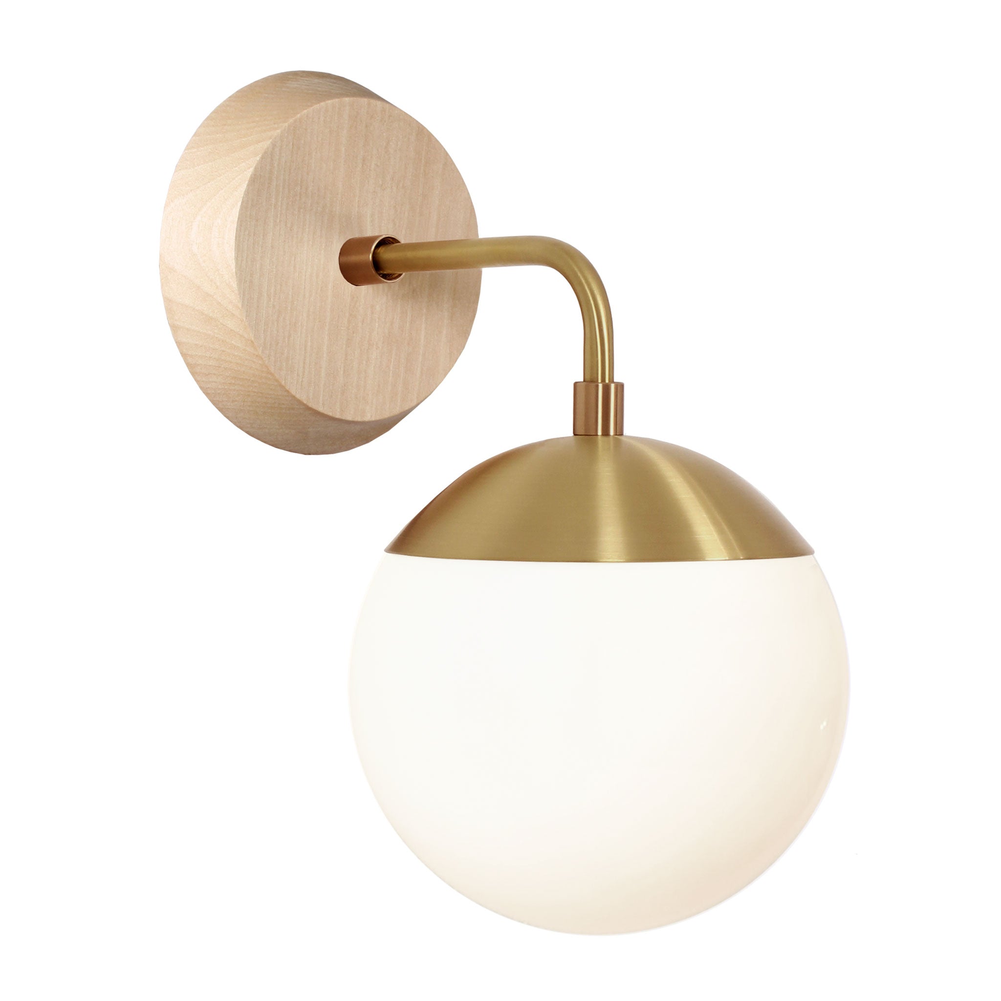 Alto Sconce 6" with Wood Canopy shown in Brass and Maple canopy with an Opal 6" globe