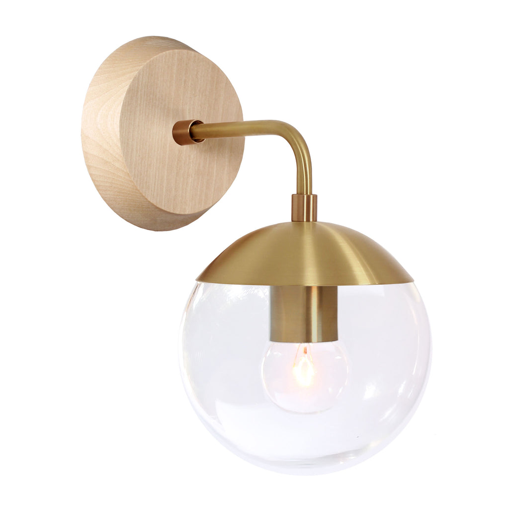 Alto Sconce 6" with Wood Canopy shown in Brass and Maple canopy with a Clear 6" globe.