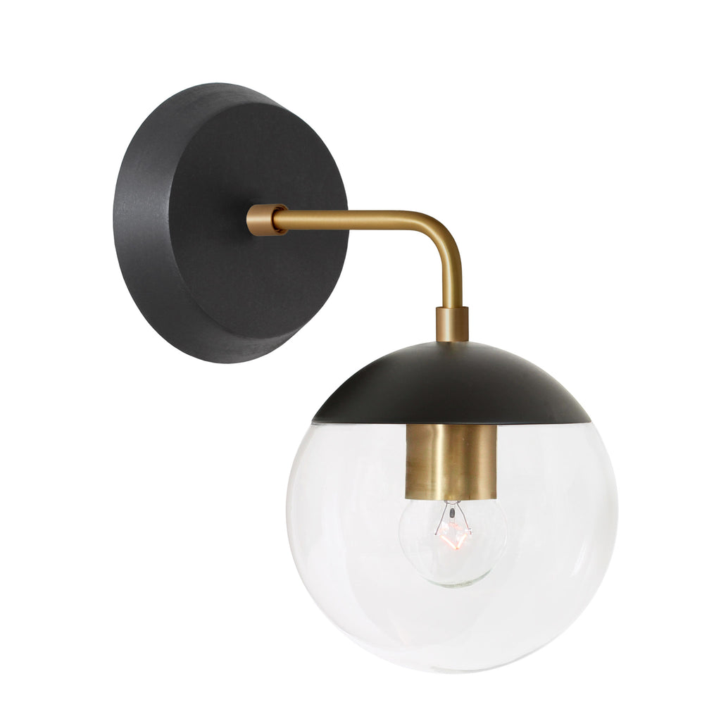 Alto Sconce 6" with Wood Canopy shown in Matte Black with Brass and Black Stained wood finish canopy with a Clear 6" globe.