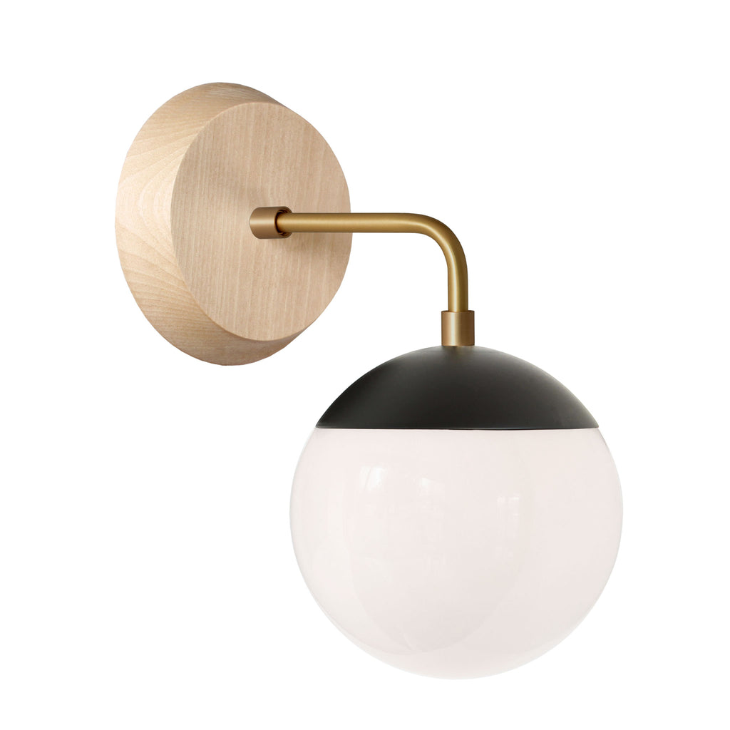Alto Sconce 6" with Wood Canopy shown in Matte Black with Brass and Maple canopy with an Opal 6" globe.