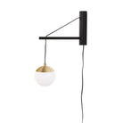 Alto 14" Wood Arm Sconce shown in Brass with a Black Stained Wood Finish, a 6" Opal globe, and a Black Plug-in Cord