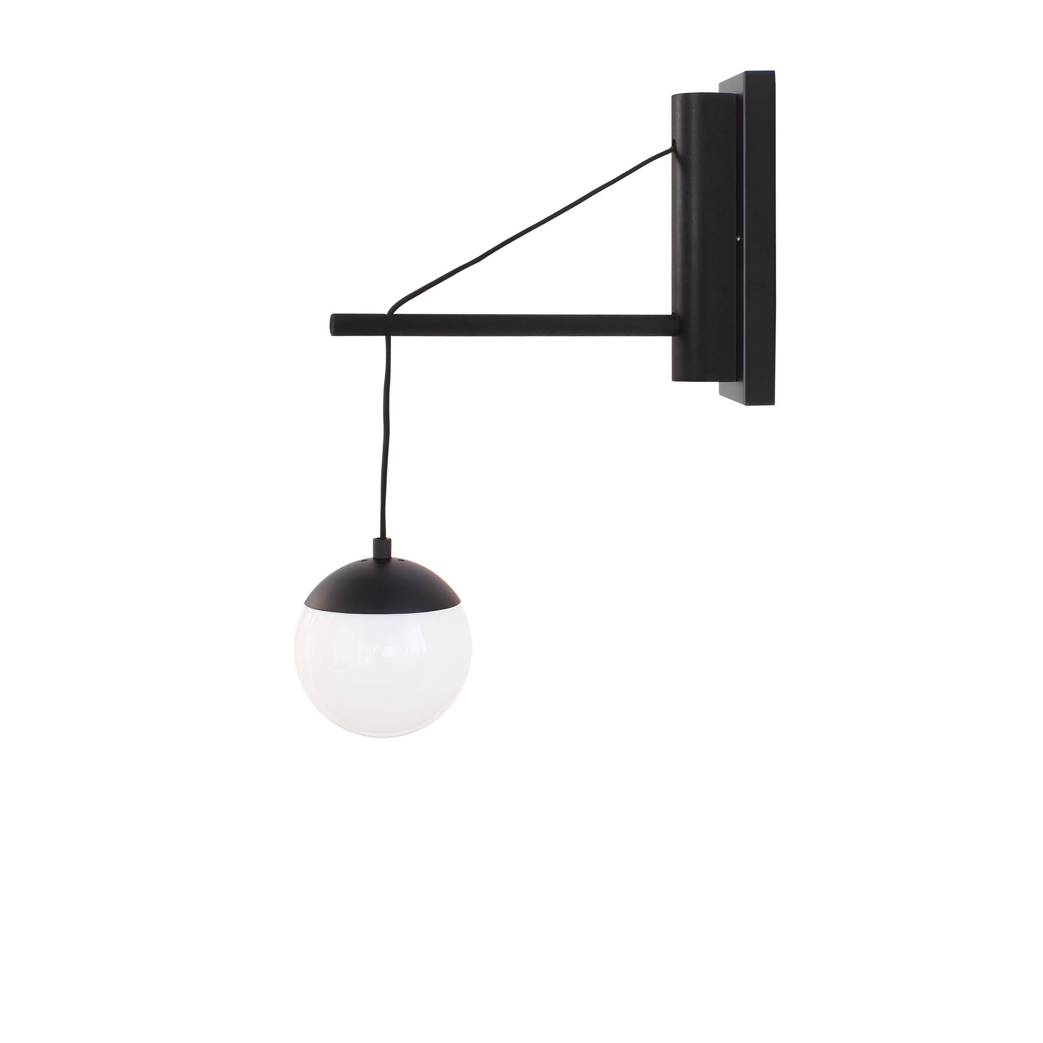Alto 14" Wood Arm Sconce shown in Matte Black with a Black Stained Wood Finish, a 6" Opal globe, and a Black Hardwired Cord