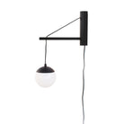 Alto 14" Wood Arm Sconce shown in Matte Black with a Black Stained Wood Finish, a 6" Opal globe, and a Black Plug-in Cord