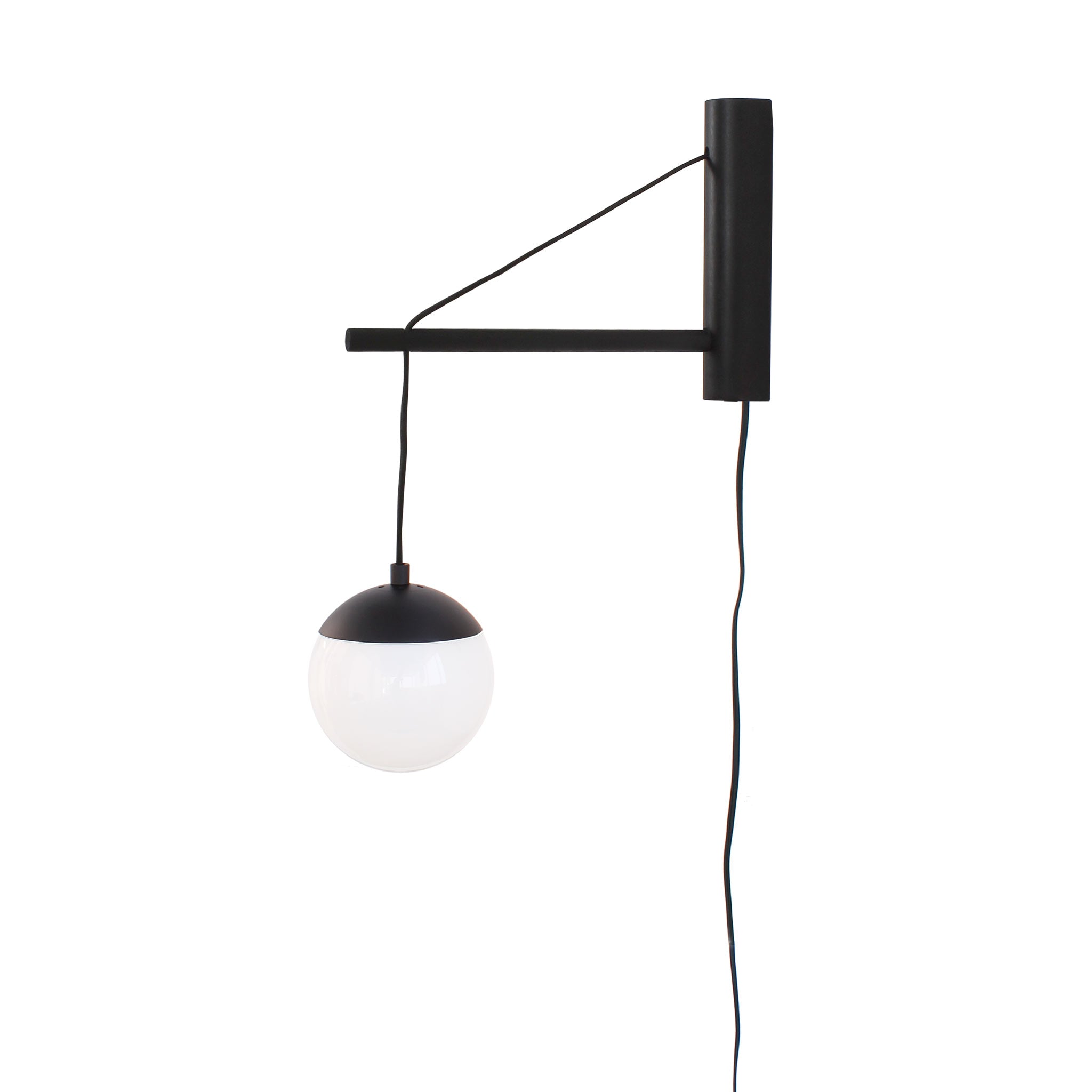Alto 14" Wood Arm Sconce shown in Matte Black with a Black Stained Wood Finish, a 6" Opal globe, and a Black Plug-in Cord