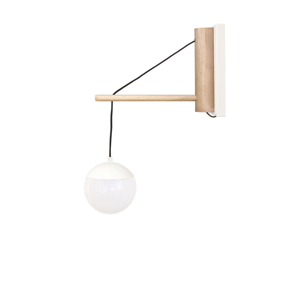 Alto 14" Wood Arm Sconce shown in White with Birch, a 6" Opal globe, and a Black Hardwired Cord.