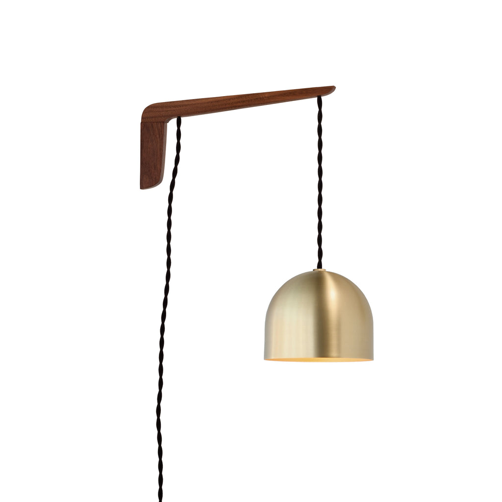 Swing Arm Amélie 6" shown in Walnut with Black twisted cord and Brass metal finish.