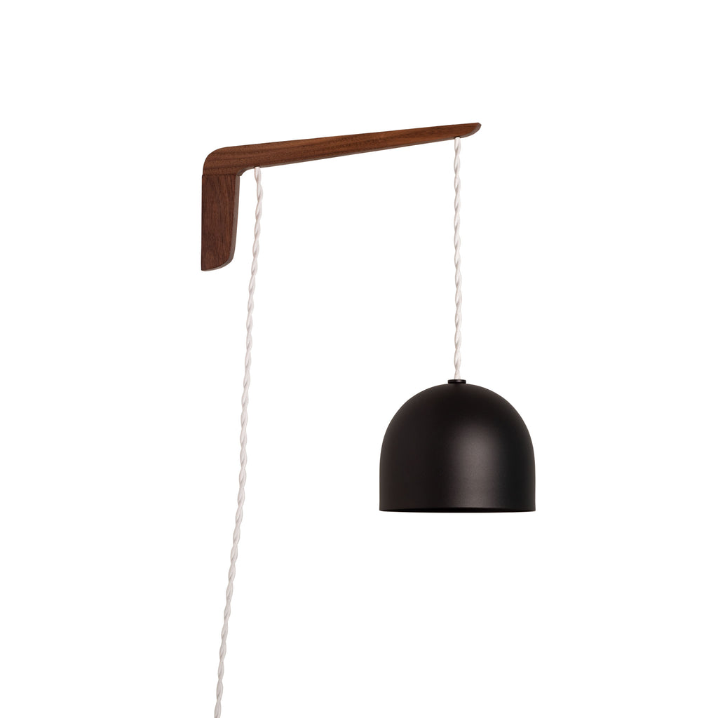Swing Arm Amélie 6" shown in Walnut with White twisted cord and Matte Black metal finish.