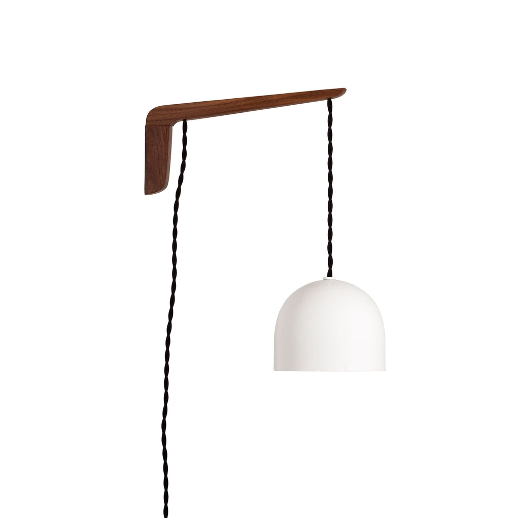 Swing Arm Amélie 6" shown in Walnut with Black twisted cord and White metal finish.