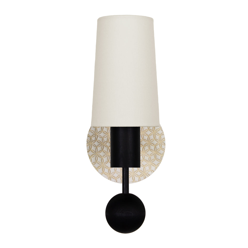 Amherst (Black Stained) Sconce with a Natural White & Cream Quilted Ceramic Canopy