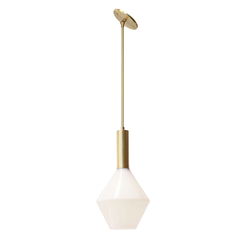 Aurora Pendant shown in Brass with custom hinge for vaulted ceilings.