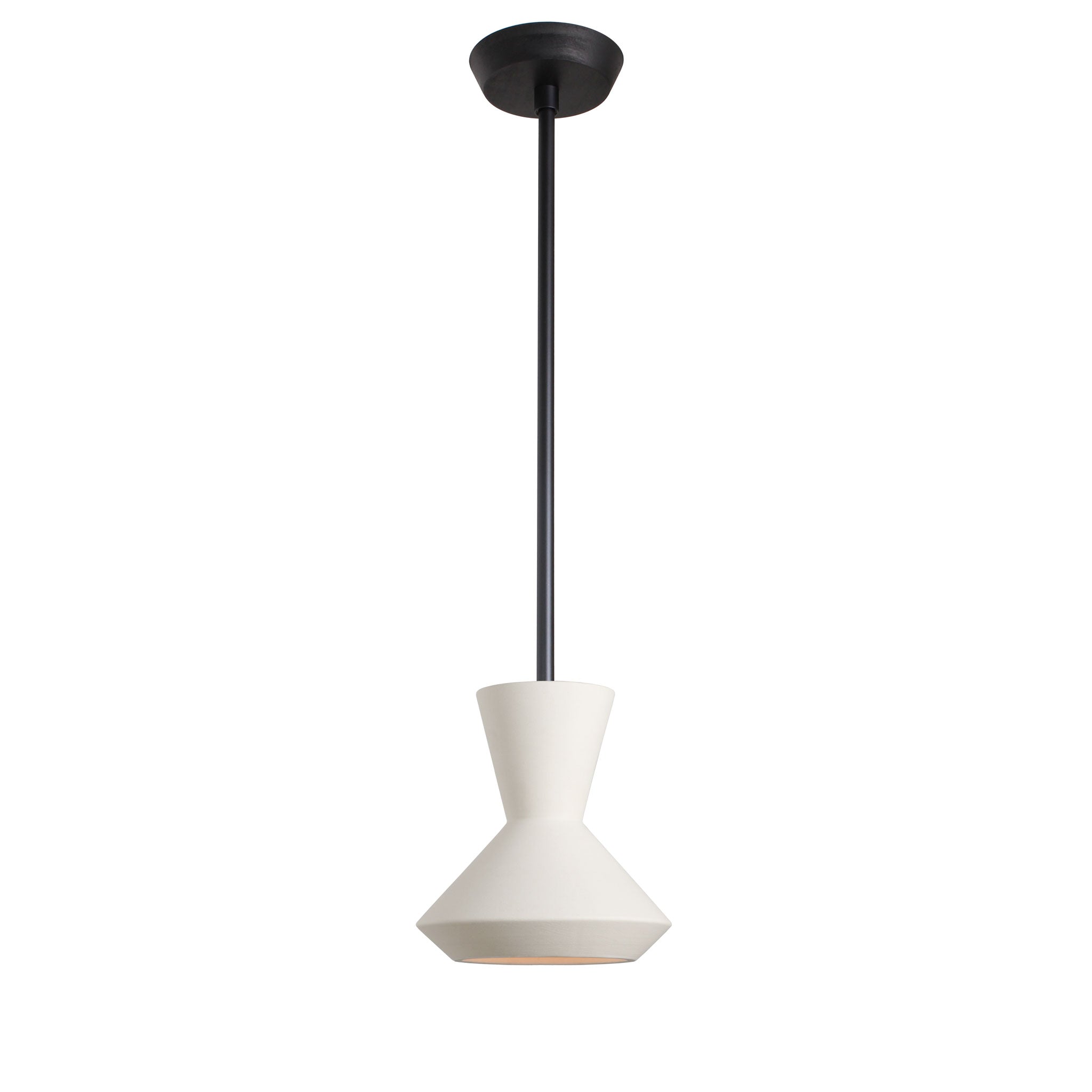 Bobbie Rod Pendant shown in Natural White Glaze Ceramic with a Matte Black Metal finish and a Black Stained Wood finish canopy