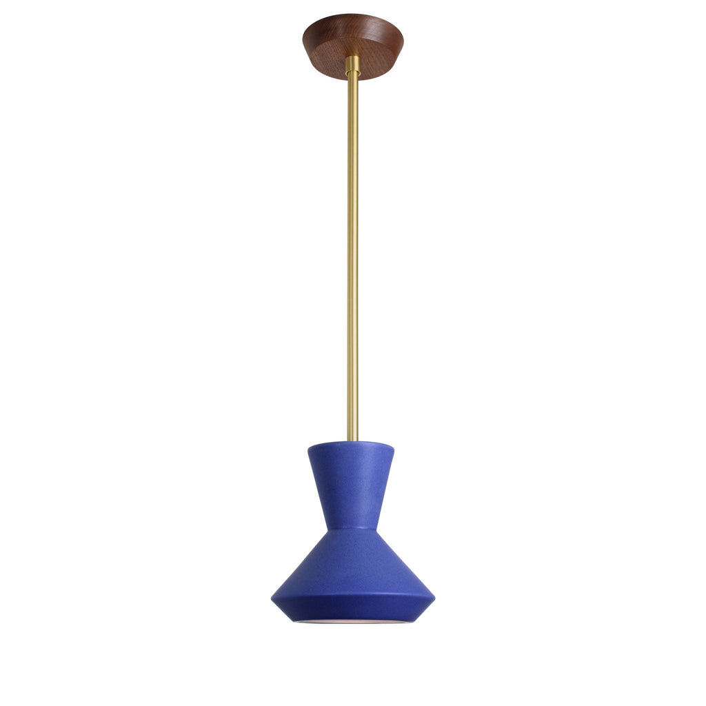 Bobbie Rod Pendant for Vaulted Ceiling shown in Cobalt Blue Glaze Ceramic with a Brass Metal finish and a Walnut Canopy.