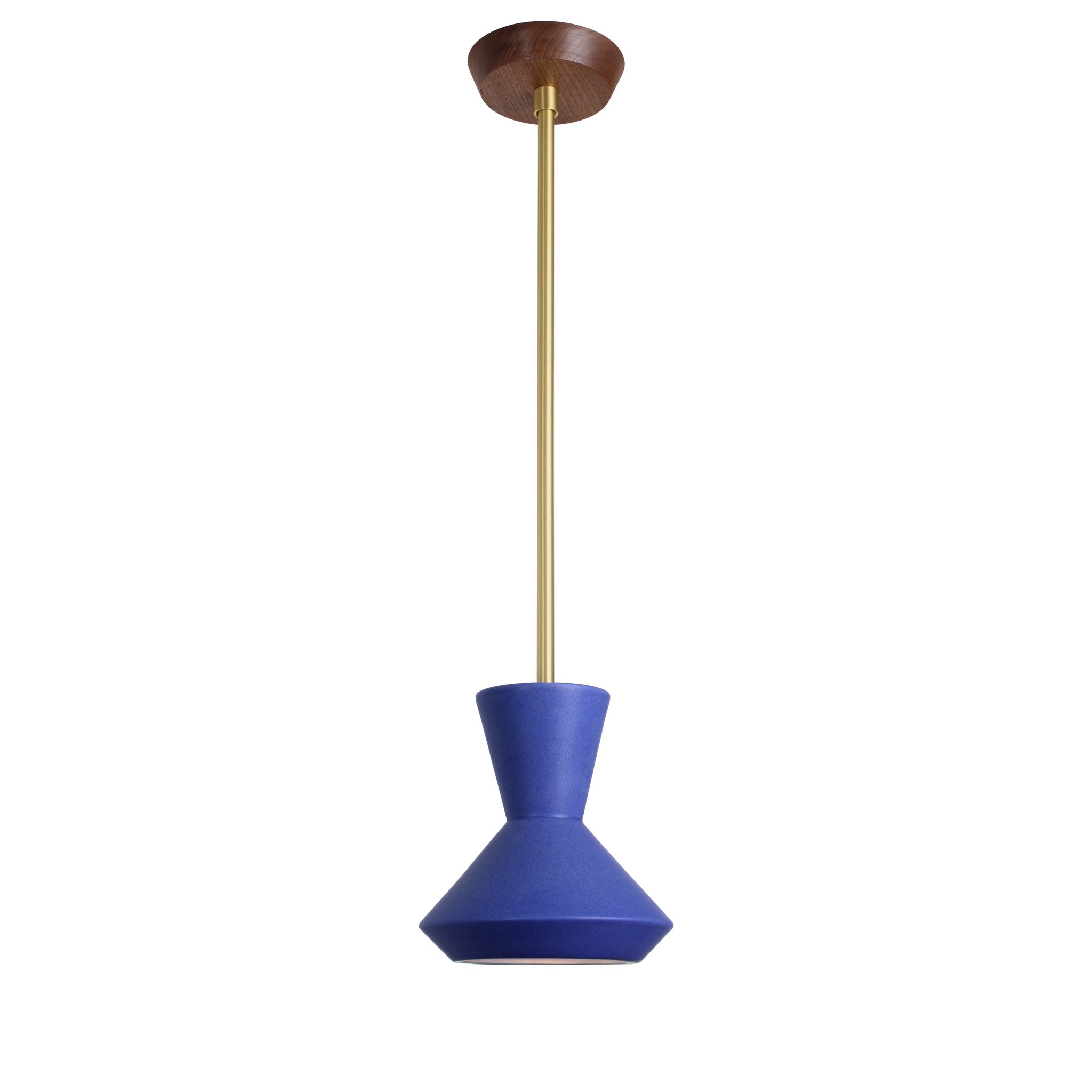 Bobbie Rod Pendant shown in Cobalt Blue Glaze Ceramic with a Brass Metal finish and a Walnut Canopy