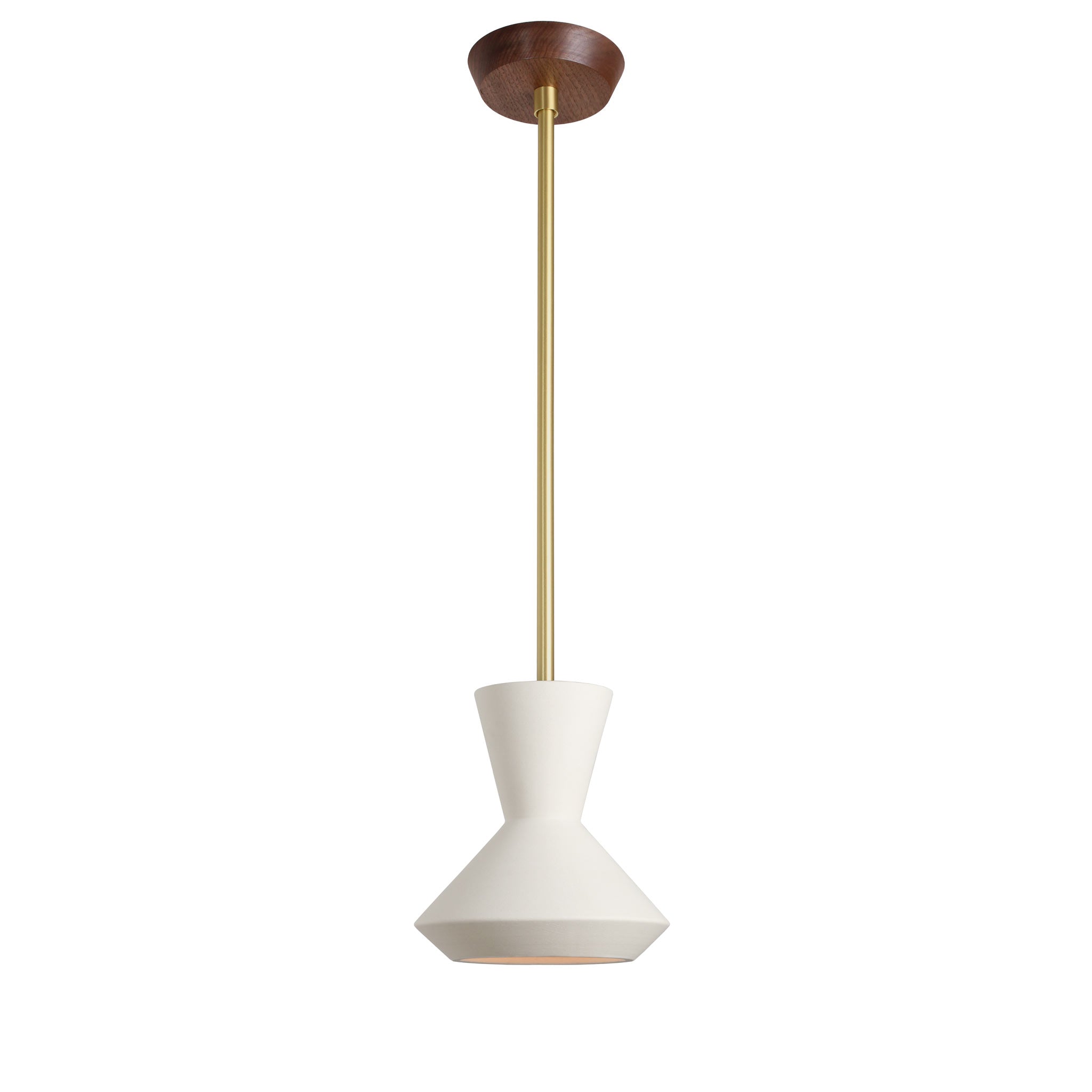 Bobbie Rod Pendant shown in Natural White Glaze Ceramic with a Brass Metal finish and a Walnut canopy