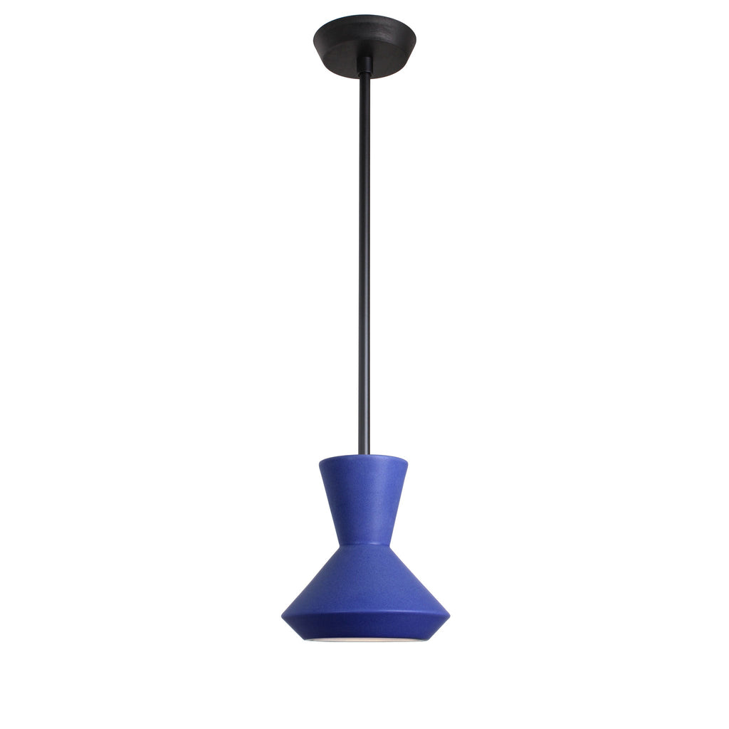 Bobbie Rod Pendant for Vaulted Ceiling shown in Cobalt Blue Glaze Ceramic with a Matte Black Metal finish and a Black Stained Wood finish canopy.