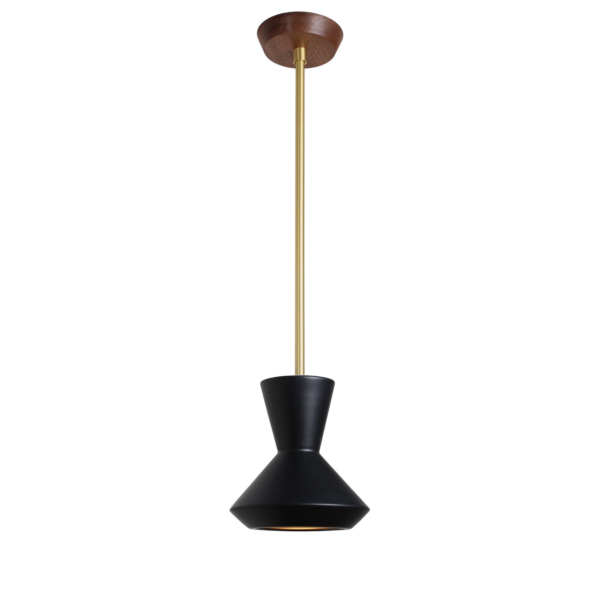 Bobbie Rod Pendant shown in Eclipse Black Glaze Ceramic with a Brass Metal finish and a Walnut canopy