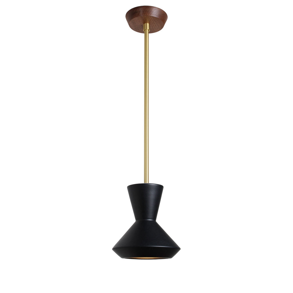 Bobbie Rod Pendant for Vaulted Ceiling shown in Eclipse Black Glaze Ceramic with a Brass Metal finish and a Walnut canopy.
