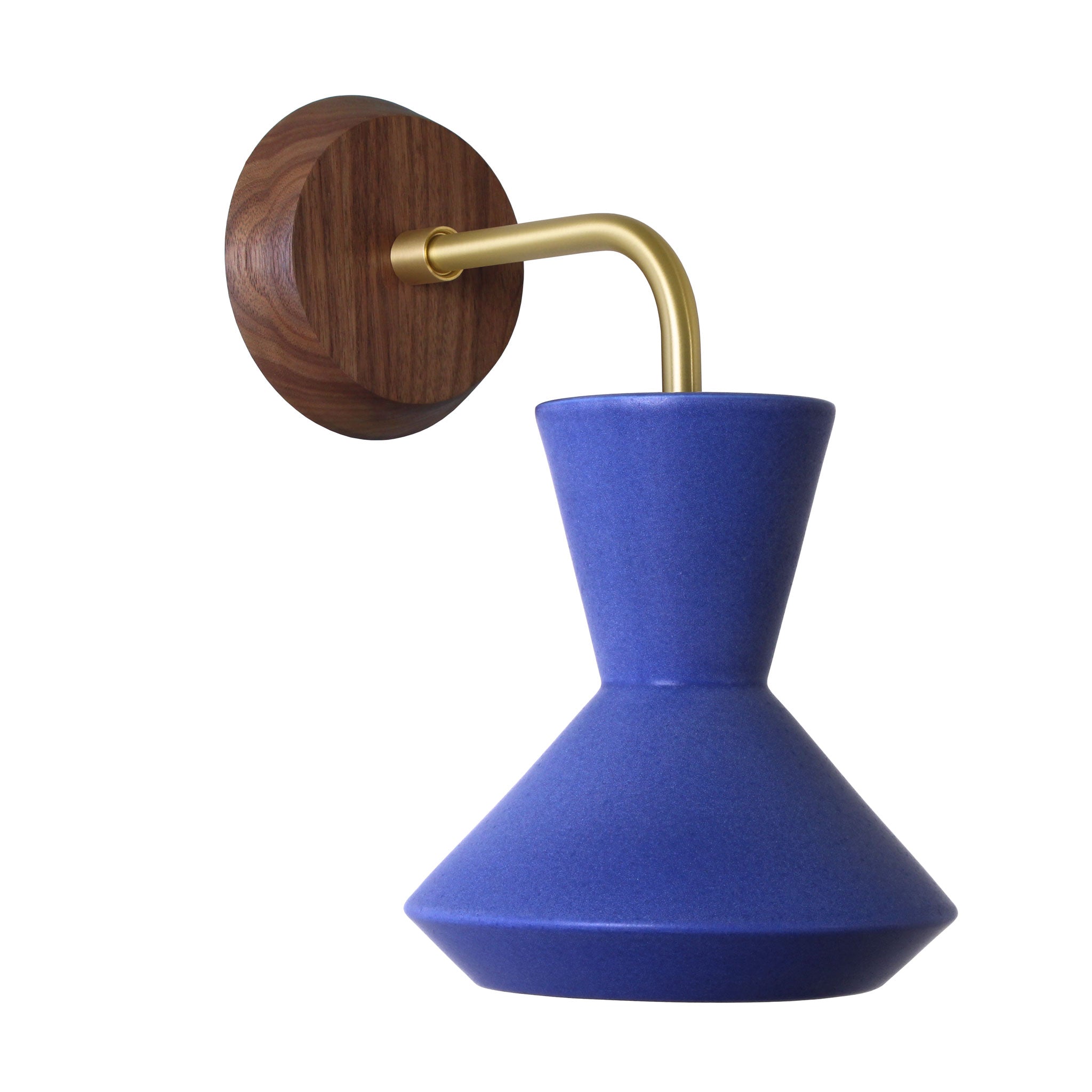 Bobbie Sconce shown in Cobalt Blue Glaze with Brass Metal and Walnut Canopy