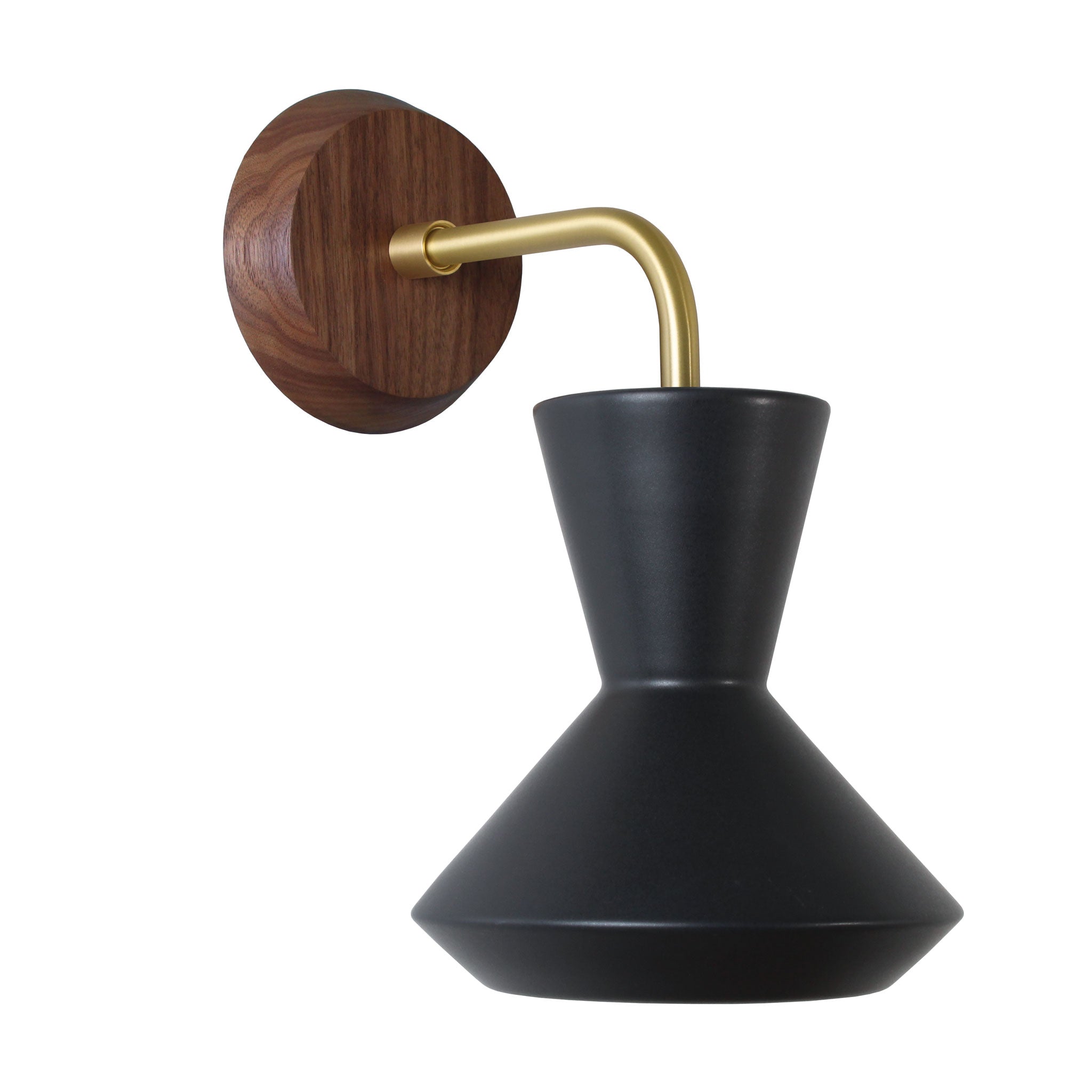 Bobbie Sconce shown in Eclipse Black Glaze with Brass Metal and Walnut Canopy