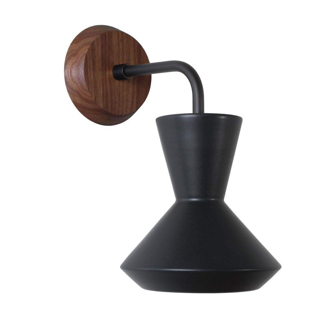 Bobbie Sconce shown in Eclipse Black Glaze with Matte Black Metal and Walnut Canopy.