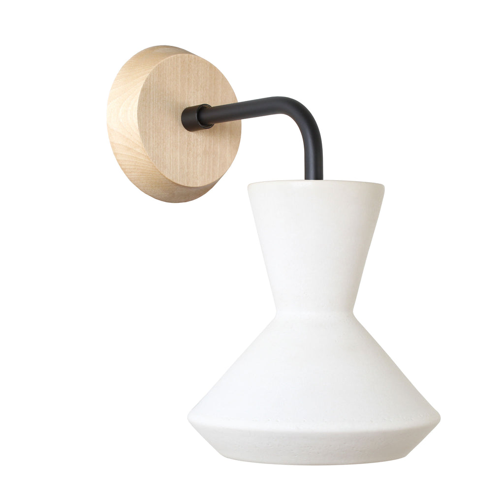 Bobbie Sconce shown in Natural White Glaze Ceramic with Matte Black and a Maple canopy.