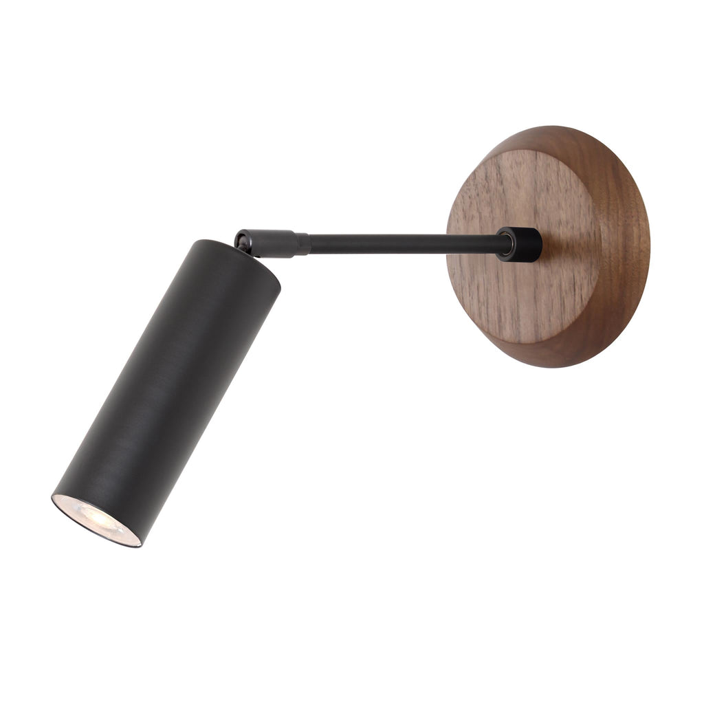 Fjord Spot with Wood Canopy shown in Matte Black with Walnut and a 6" Arm.