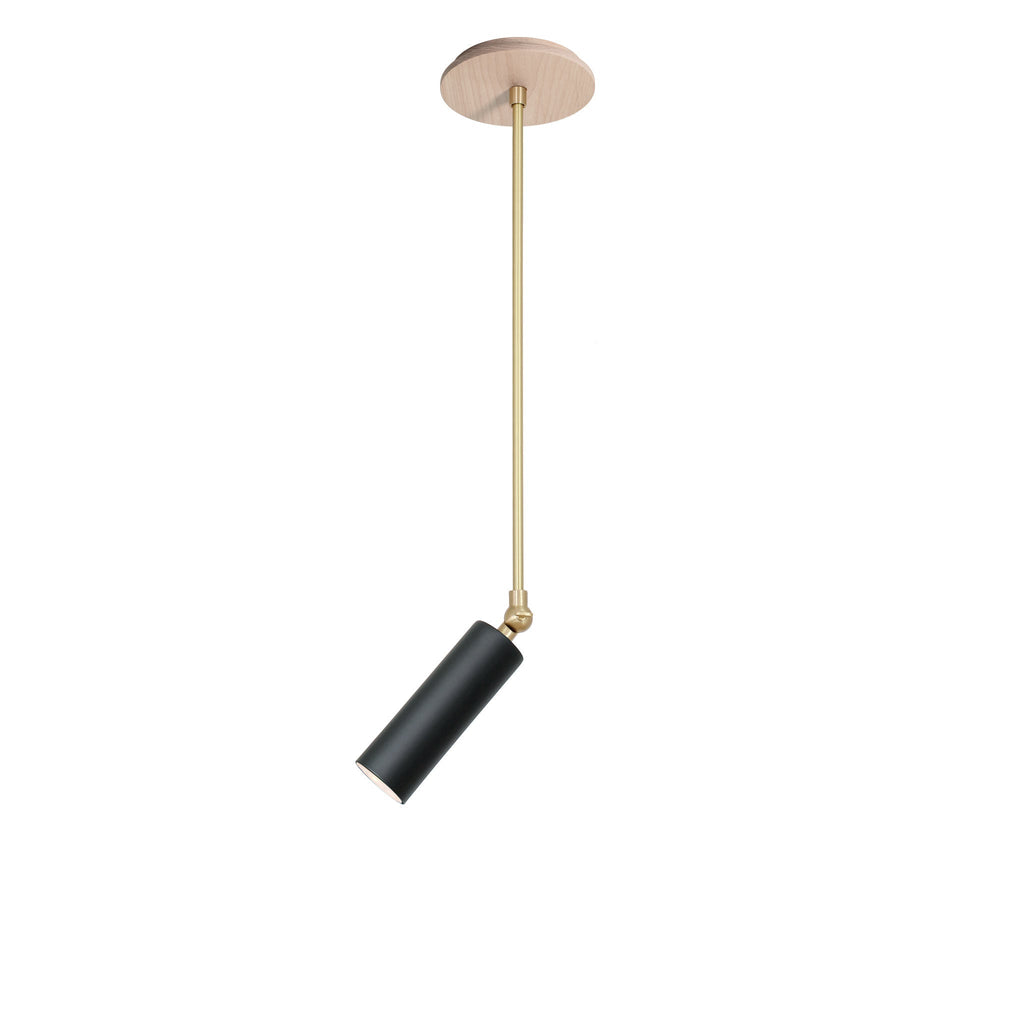Fjord Spot Pendant for Vaulted Ceiling shown in Matte Black with Brass with a Maple canopy.