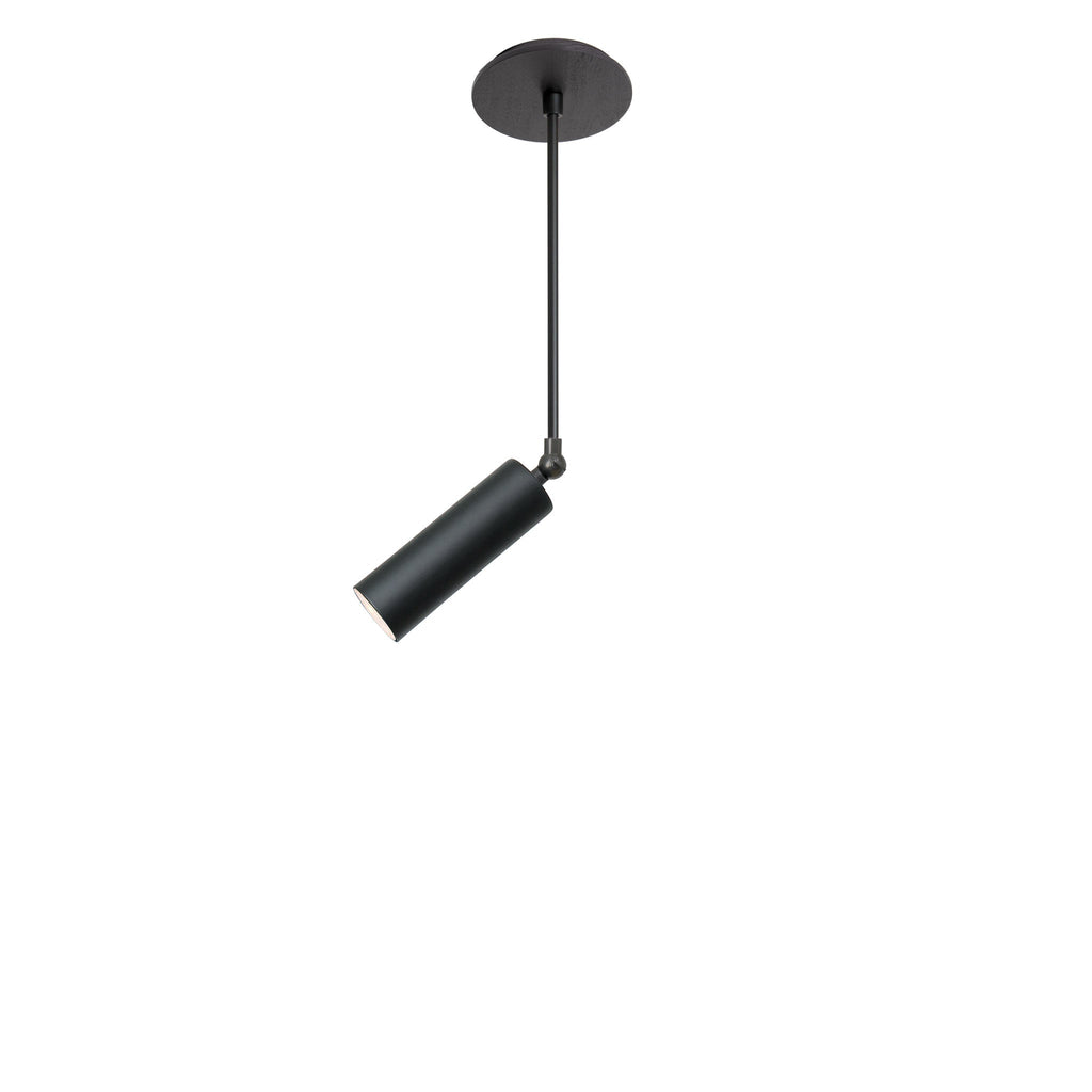 Fjord Spot Pendant for Vaulted Ceiling shown in Matte Black with an Eclipse Black Glaze ceramic canopy.