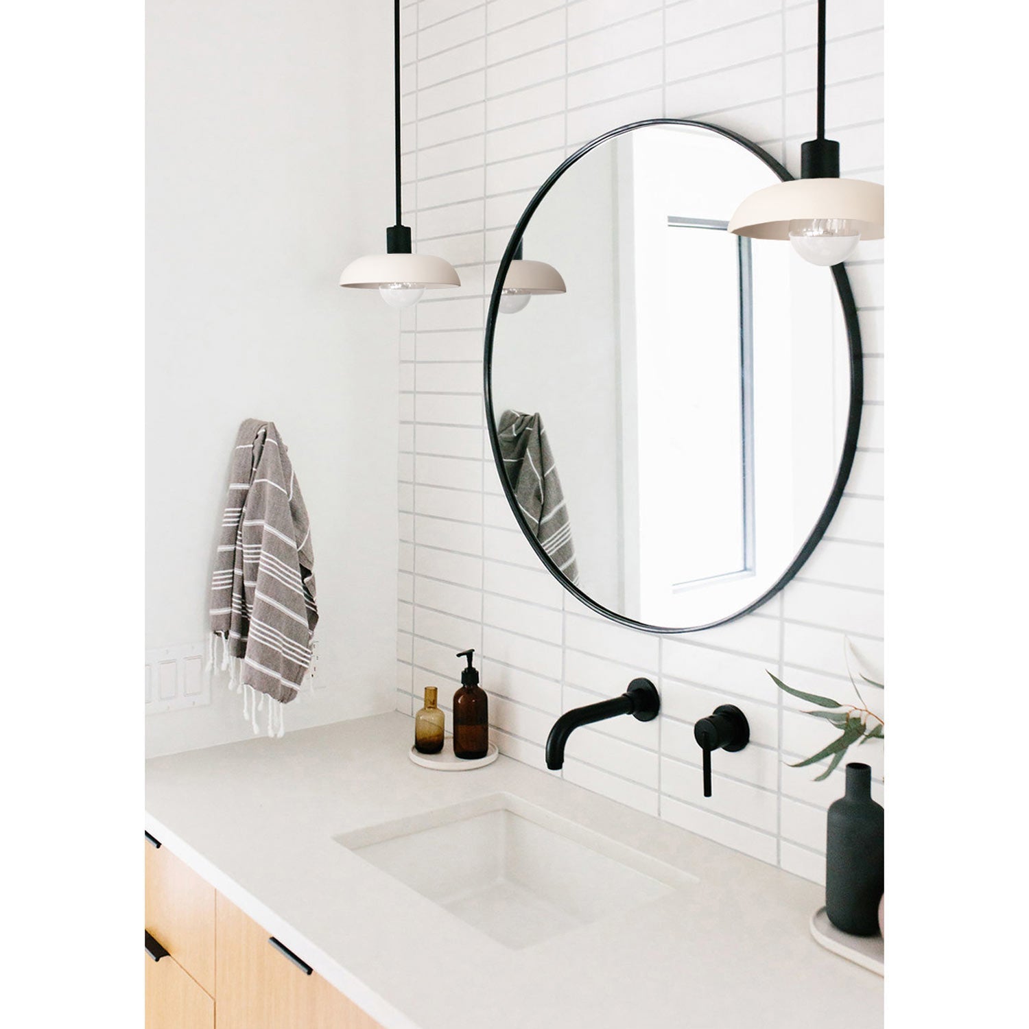 Terra Pendant for Vaulted Ceiling shown in Bone Ceramic finish with Matte Black metal. Interior Design by Jen Pinkston. Photo by Katie Jameson