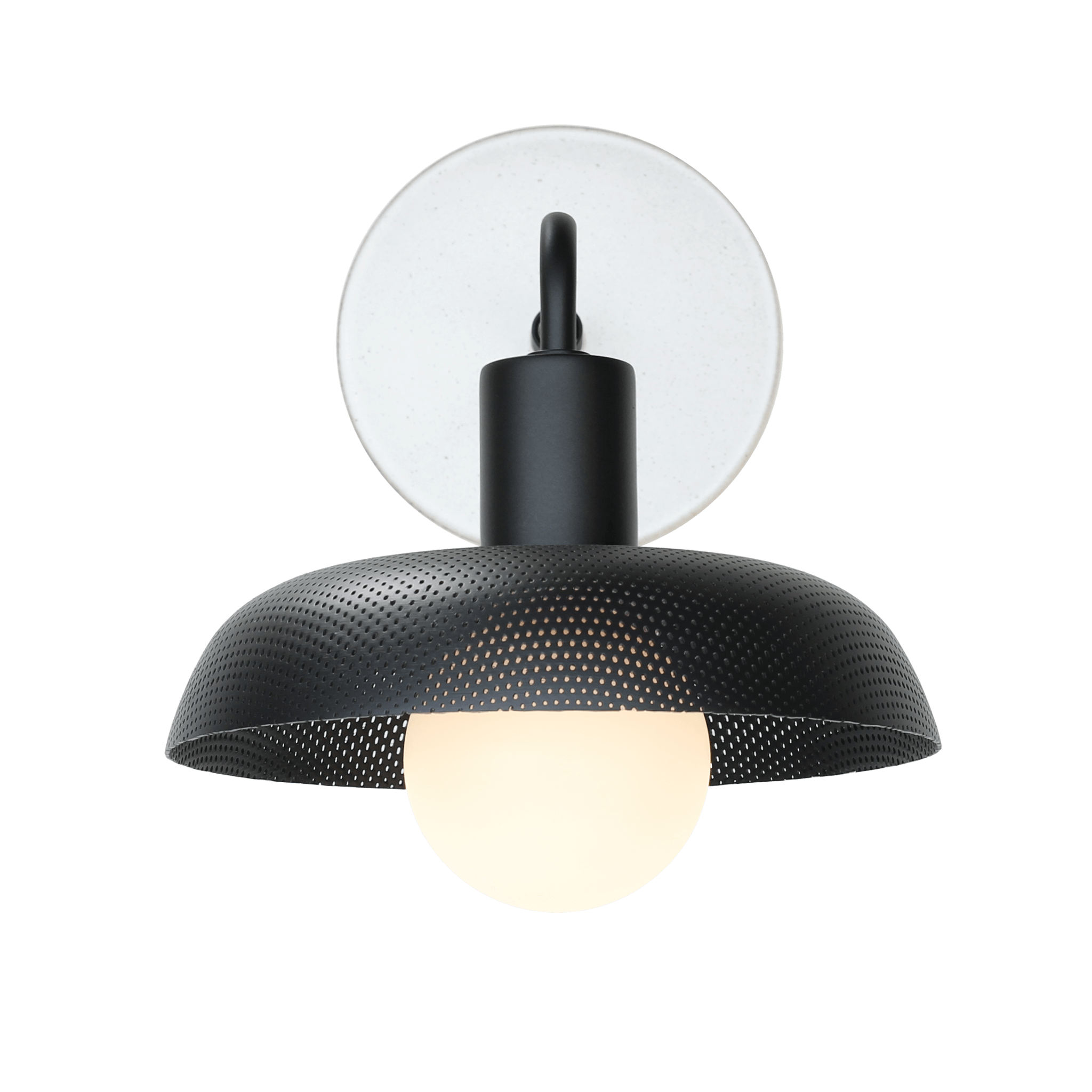 Sally Sconce shown with Matte Black perforated shade, Matte Black accent finish, and Brownstone White Swift ceramic canopy