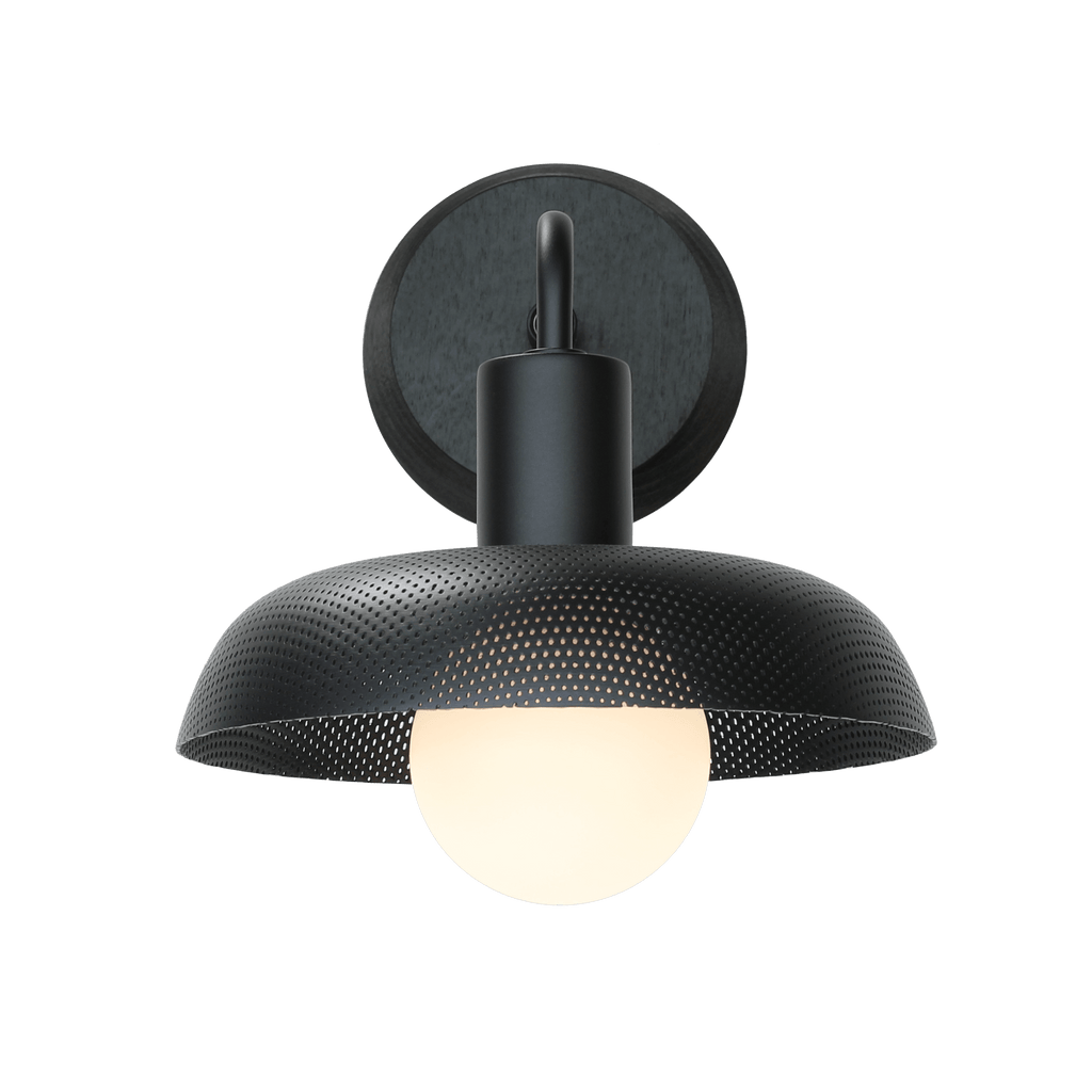 Sally Sconce with Wood Canopy shown in Matte Black with Matte Black accent finish and Black Stained wood canopy.