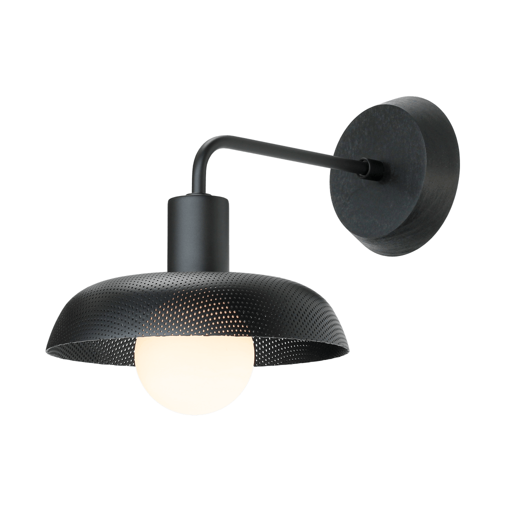 Sally Sconce with Wood Canopy shown in Matte Black with Matte Black accent finish and Black Stained wood canopy.