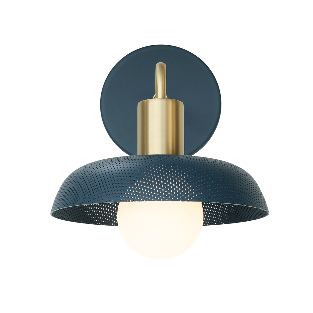 Sally Sconce shown with a Perforated shade in Ocean Blue and Brass accent finish.