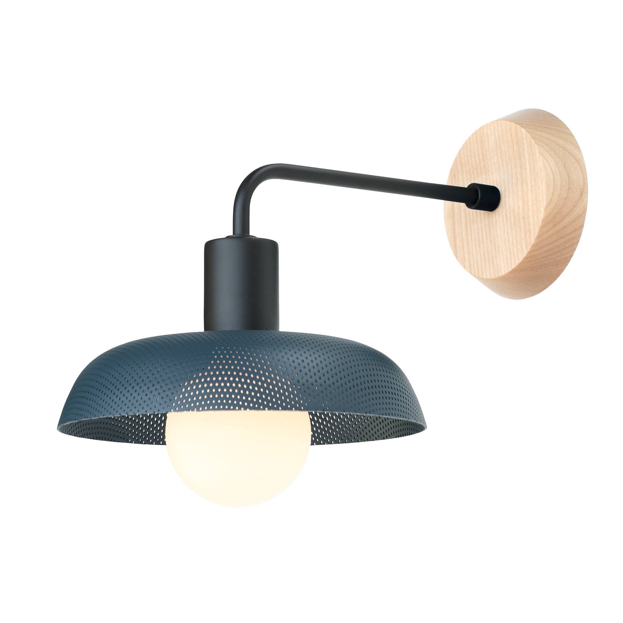 Sally Sconce with Wood Canopy shown in Ocean Blue with Matte Black fixture finish and Maple canopy