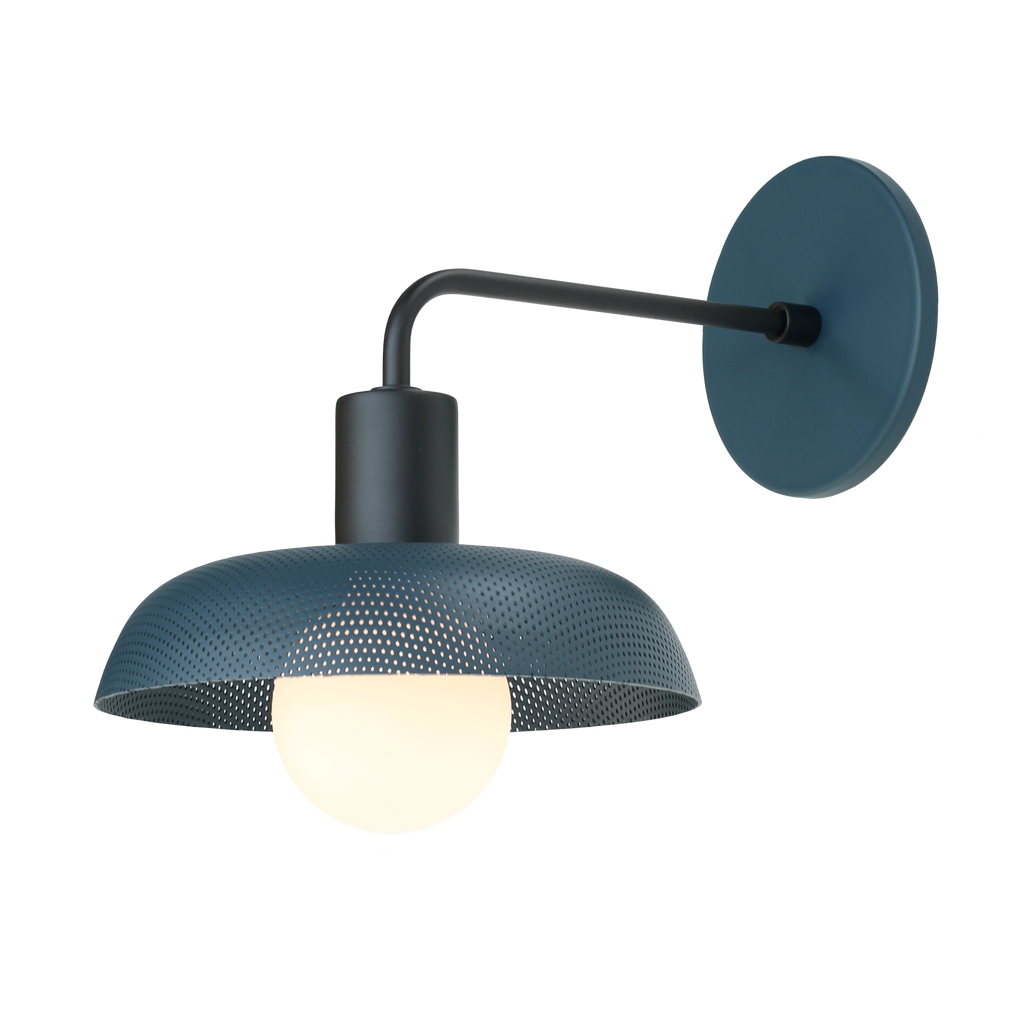 Sally Sconce shown with a Perforated shade in Ocean Blue and Matte Black accent finish.