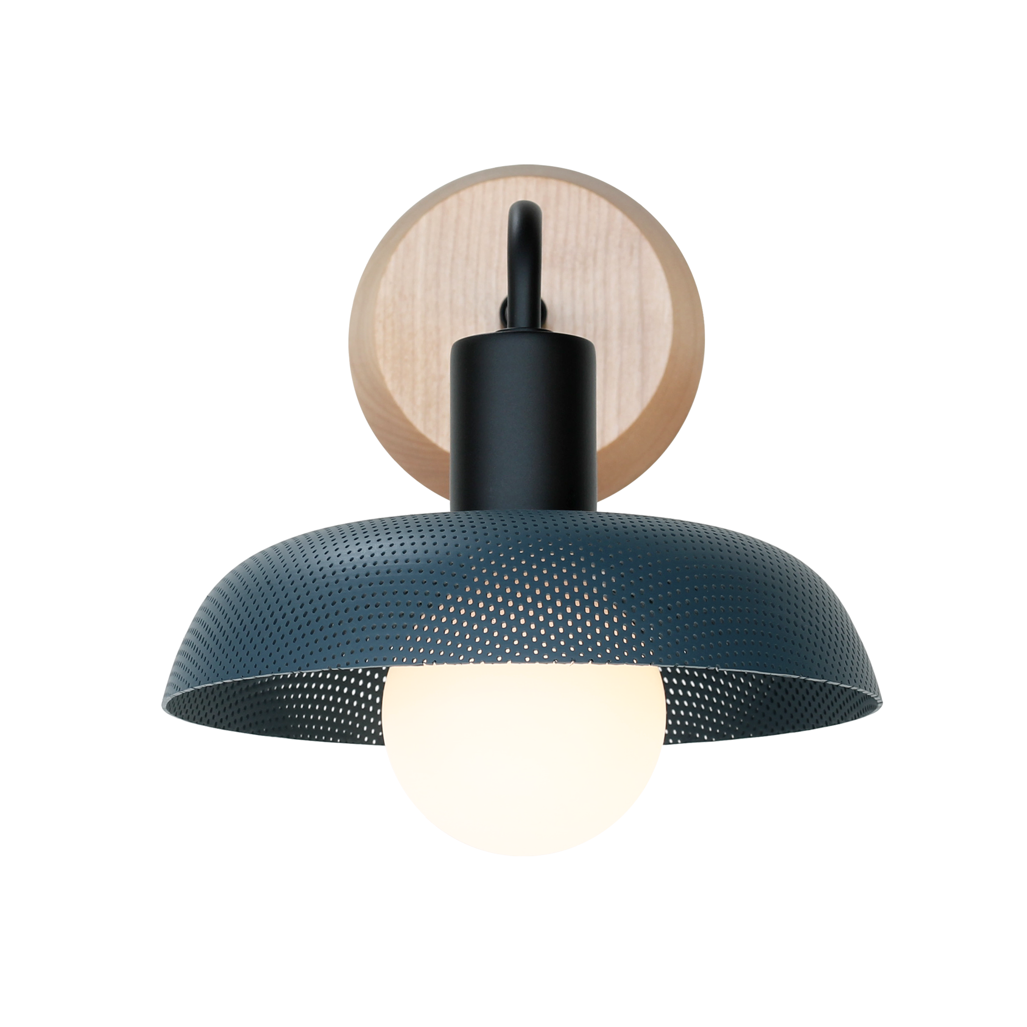 Sally Sconce with Wood Canopy shown in Ocean Blue with Matte Black fixture finish and Maple canopy