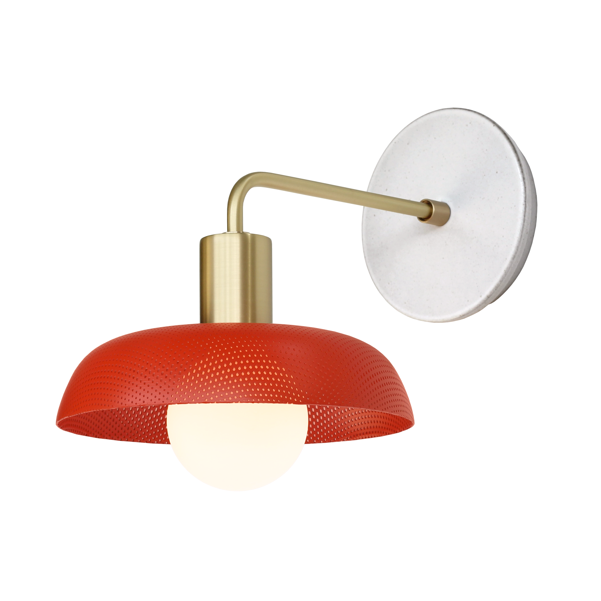 Sally Sconce shown with Persimmon perforated shade, Brass accent finish, and Brownstone White Swift ceramic canopy